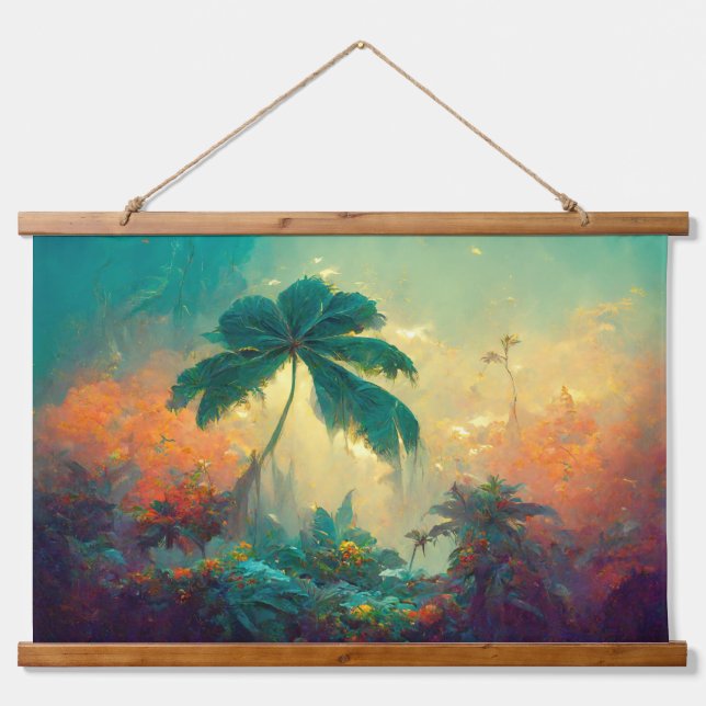 Tropical Fantasy Palm Tree Dschungel Wandteppich Mit Holzrahmen (Vorne)