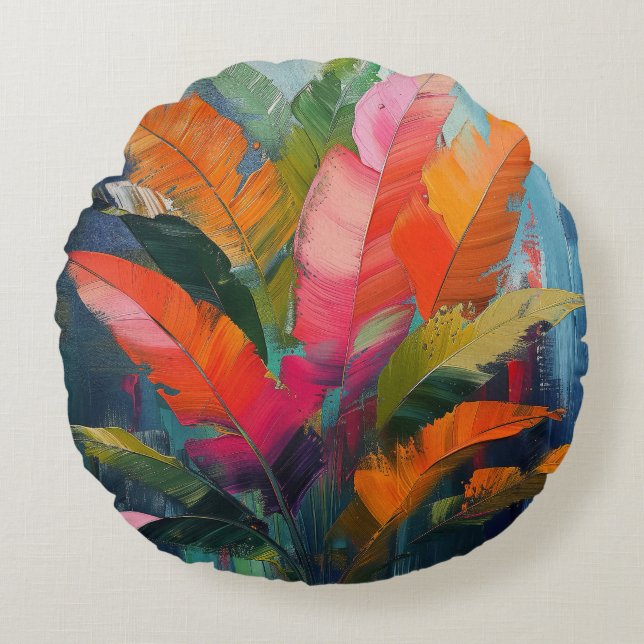 Tropical Feathers – Vibrant Botanical Abstraction Rundes Kissen (Vorderseite)