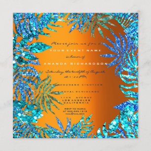 Tropical Fern Leaf Beach Ocean Blue Orange Glitzer Einladung