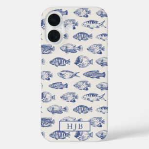 Tropical Fish Blue Sketch Monogram iPhone 16 Fall iPhone 16 Hülle