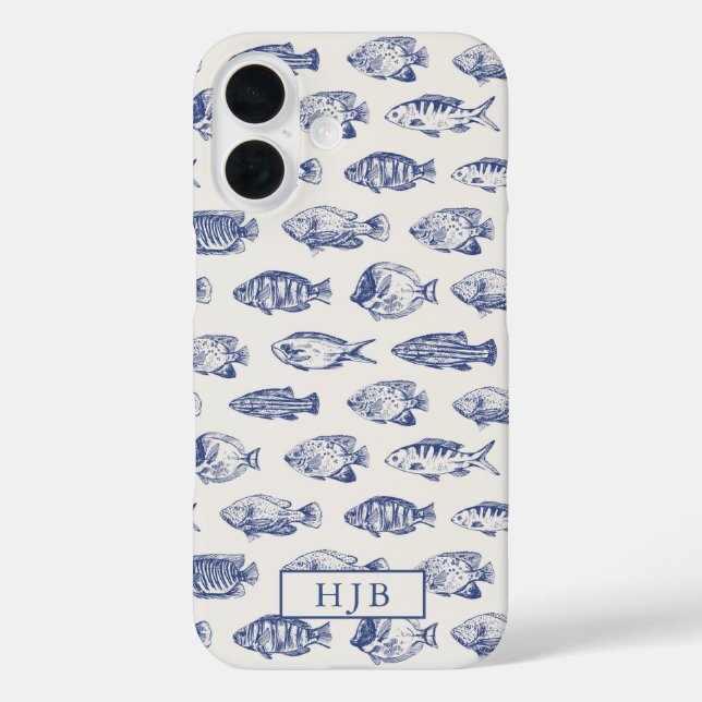 Tropical Fish Blue Sketch Monogram iPhone 16 Fall Case-Mate iPhone Hülle (Rückseite)
