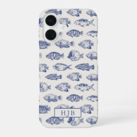 Tropical Fish Blue Sketch Monogram iPhone 16 Fall