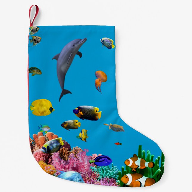 Tropical fish & dolphin blue Christmas stocking Kleiner Weihnachtsstrumpf (Vorderseite)