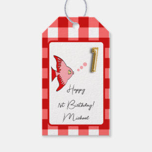 Tropical Fish Red Gingham Happy 1. Geburtstag Geschenkanhänger