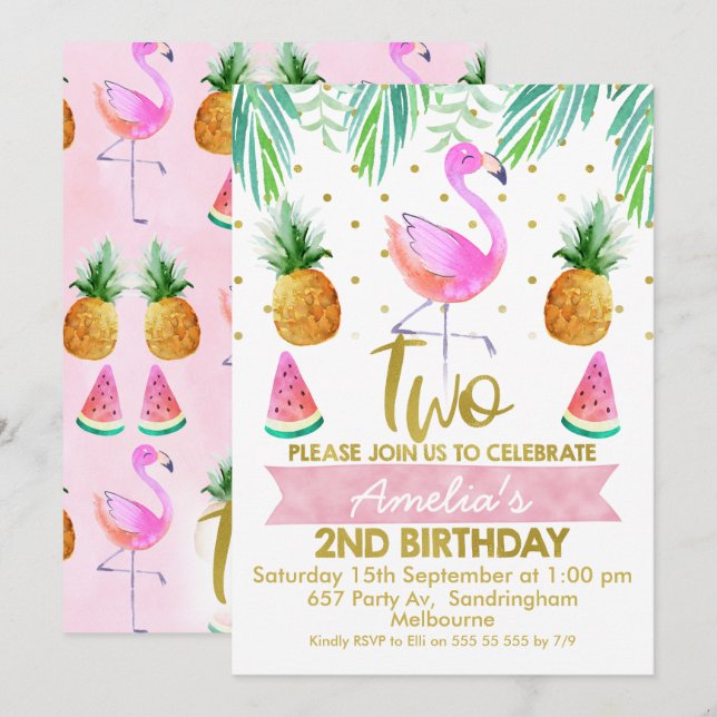 Tropical Flamingo 2. Geburtstag Einladung (Vorne/Hinten)