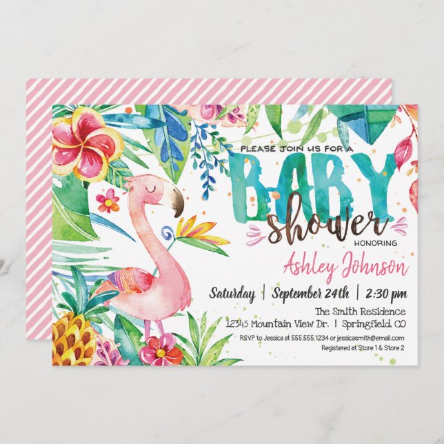 Tropical Flamingo Baby Dusche Einladung (Vorne/Hinten)