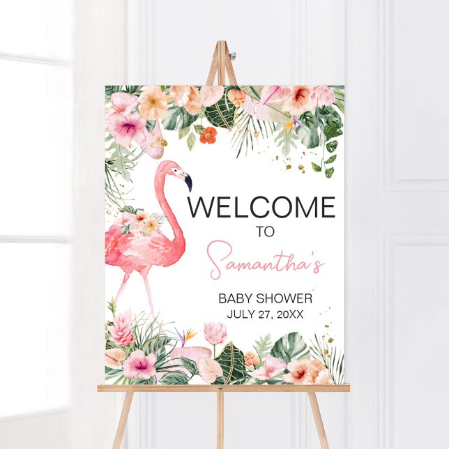 Tropical Flamingo Baby Dusche Empfang Poster (Floral Flamingle Baby Shower Welcome Sign)