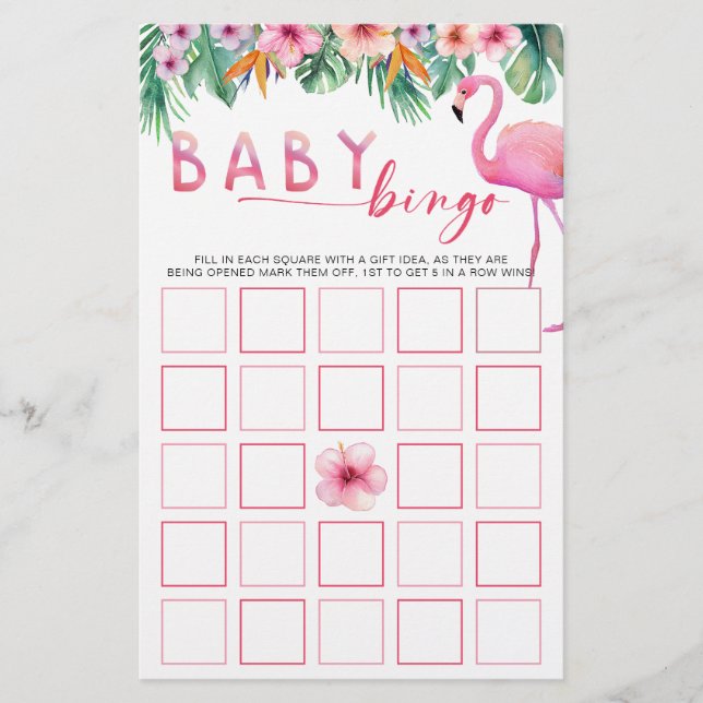 Tropical Flamingo Baby Showdusche Bingo Game Card (Vorderseite)