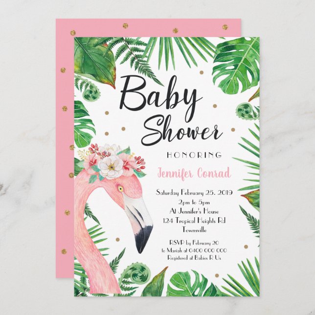 Tropical Flamingo Baby Shower Einladung (Vorne/Hinten)