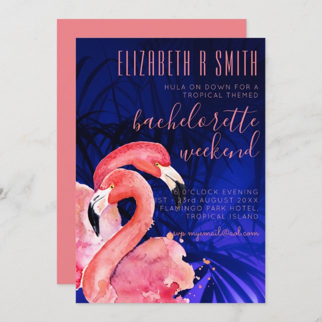 Tropical Flamingo BACHELORETTE WEEKEND Pink Blue Einladung (Vorne/Hinten)
