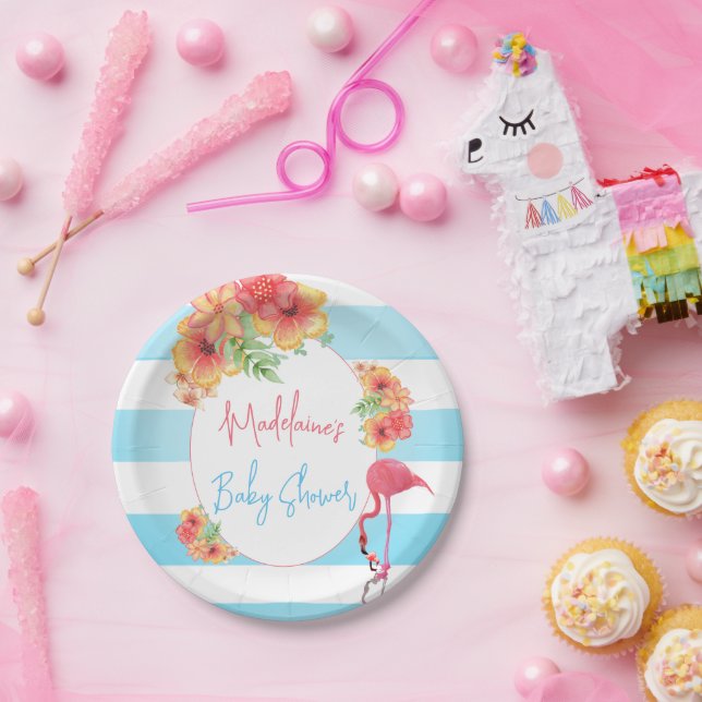 Tropical Flamingo Blue Stripe Baby Dusche Pappteller (Party)