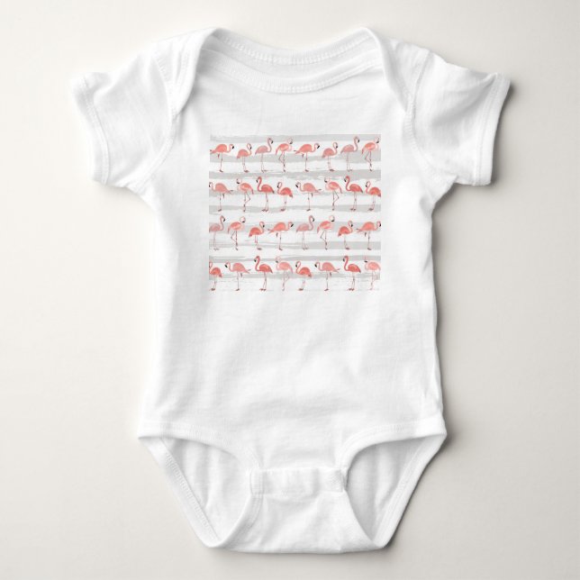 Tropical Flamingo Blue Stripes Muster Baby Strampler (Vorderseite)