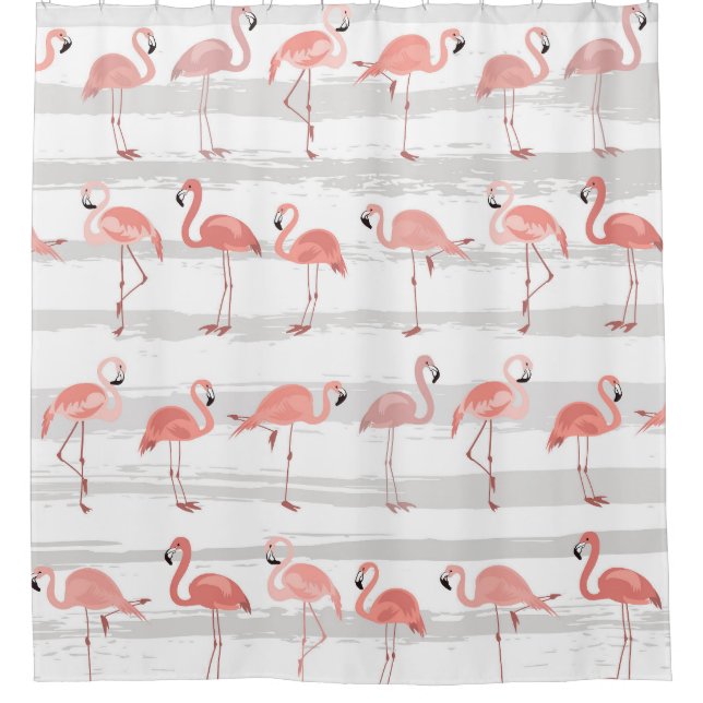Tropical Flamingo Blue Stripes Muster Duschvorhang (Vorderseite)