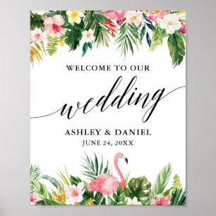 Tropical Flamingo Calligraphy Wedding Willkommen Poster