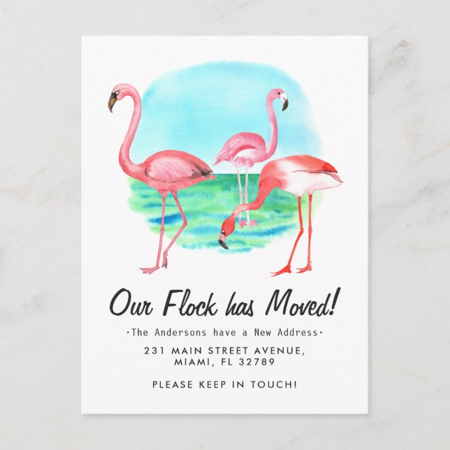 Tropical Flamingo Flock Moved New Address Moving Ankündigungspostkarte (Vorderseite)