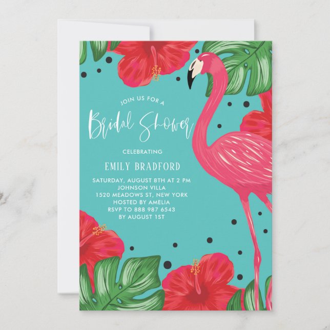 Tropical Flamingo Floral Bridal Dusche Einladung (Vorderseite)