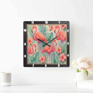 Tropical Flamingo Floral Quadratische Wanduhr