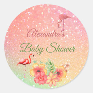 Tropical Flamingo Glitzer Pink Baby Dusche Runder Aufkleber