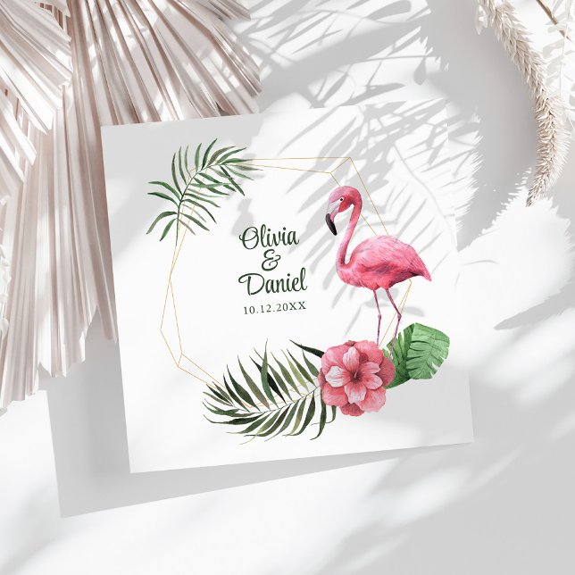 Tropical Flamingo Golden Frame Wedding Serviette (Tropical Flamingo Golden Frame Wedding Paper Dinner Napkins on a sunny white table.)