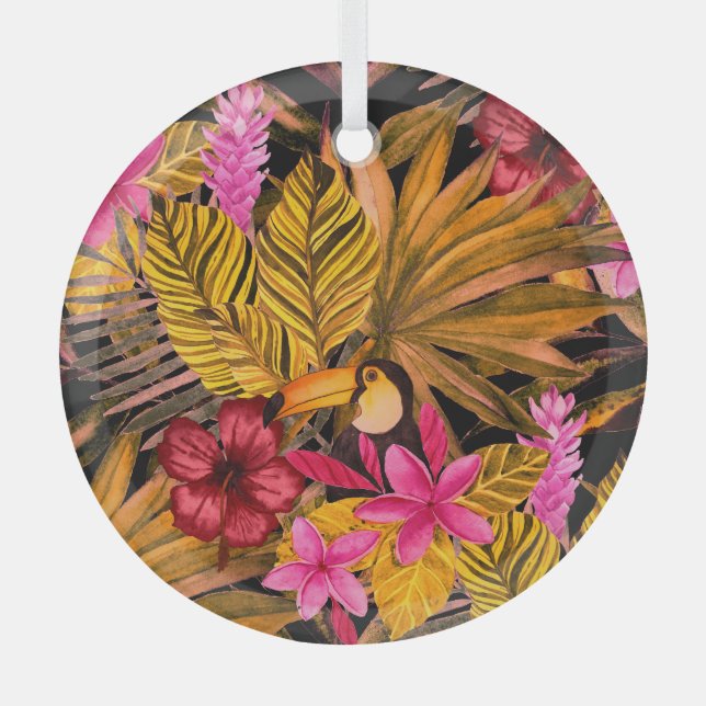 Tropical Flamingo: Hibiskus Summer Pattern Ornament Aus Glas (Vorderseite)