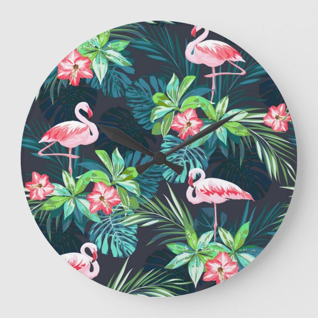 Tropical Flamingo: Muster der Blume im Sommer Große Wanduhr (Vorderseite)