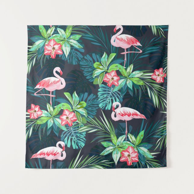 Tropical Flamingo: Muster der Blume im Sommer Wandteppich (Vorderseite)