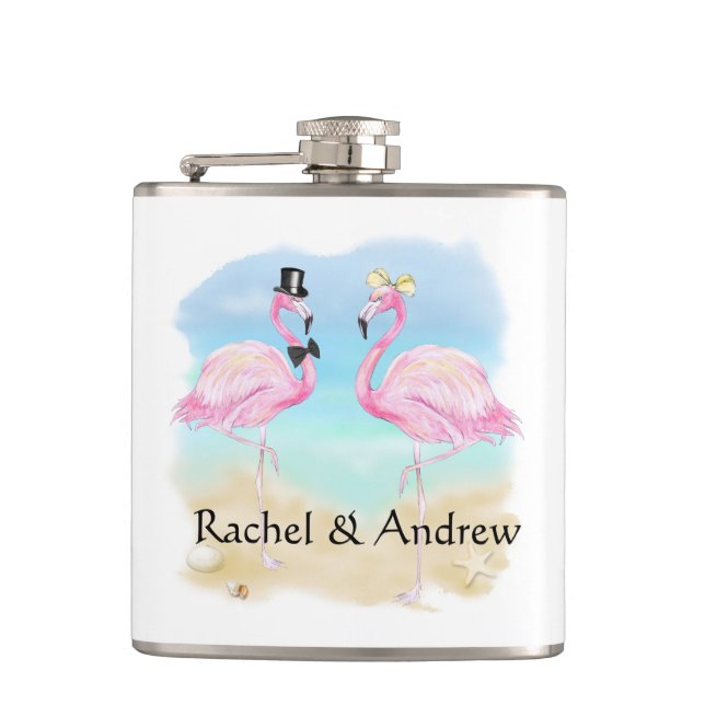 Tropical Flamingo Newlywed Vinyl Wrapped Flask Flachmann (Vorderseite)