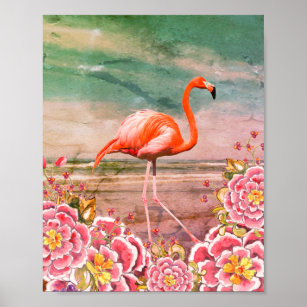 Tropical Flamingo on Beach & Oriental Pink Flowers Poster