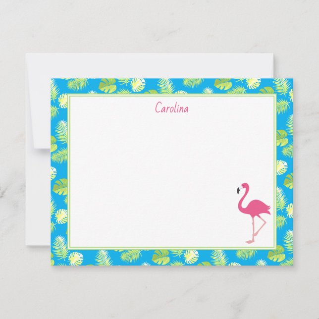 Tropical Flamingo Palm Branches Blue Stationery Mitteilungskarte (Vorderseite)