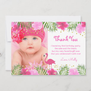 Tropical Flamingo Palm Branches Luau Birthday Girl Dankeskarte