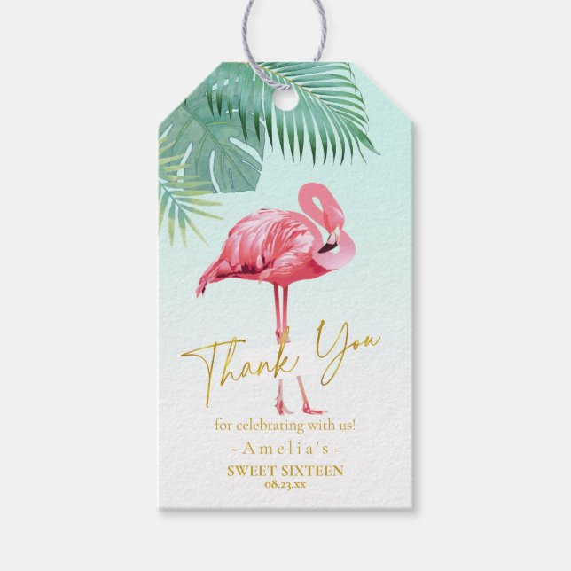 Tropical Flamingo Palms Sweet 16 Danke, ID922 Geschenkanhänger (Vorderseite)