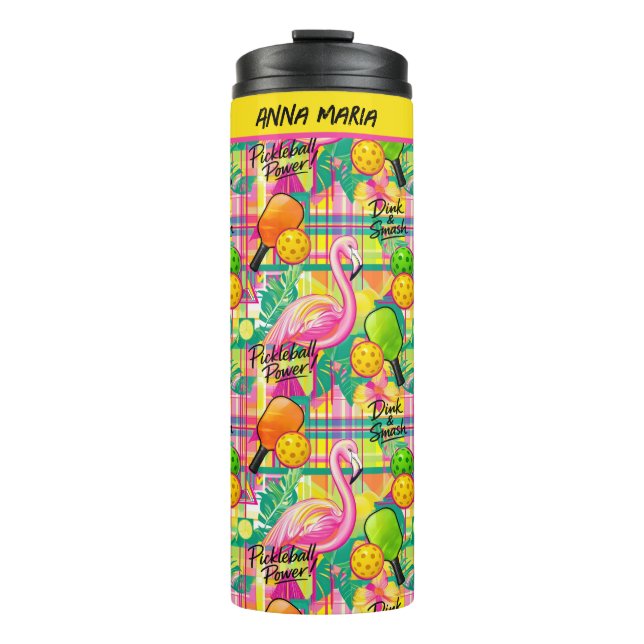 Tropical Flamingo Pickleball Power  Thermosbecher (Vorderseite)