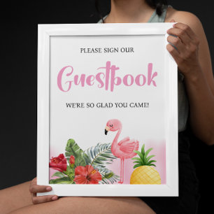Tropical Flamingo Pink Guestbook Kinderdusche Poster