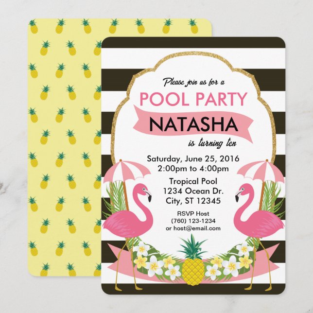 Tropical Flamingo Pool Party Einladung (Vorne/Hinten)