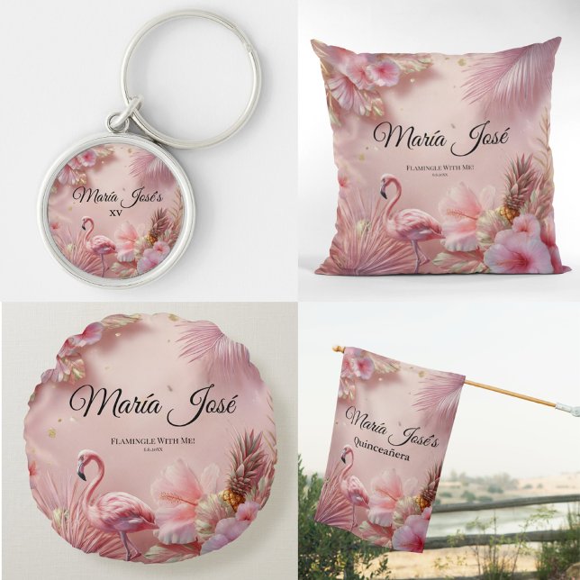 Tropical Flamingo Quinceañera, Brauch Rundes Kissen (Von Creator hochgeladen)