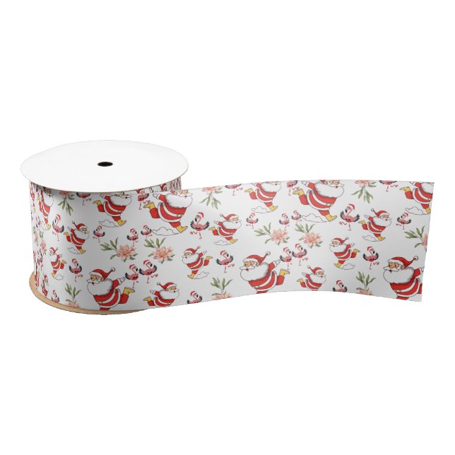 Tropical Flamingo Santa Christmas Pattern Satinband (Spule)