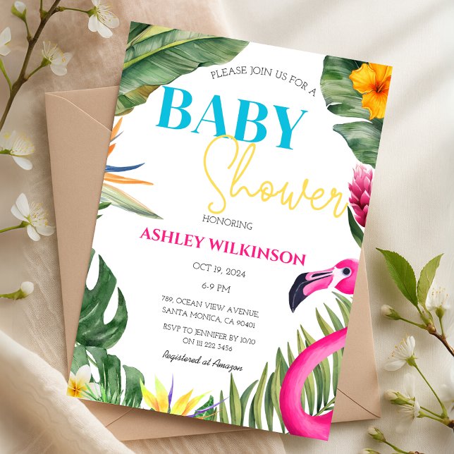Tropical Flamingo Summer Floral Baby Dusche Einladung (Tropical Flamingo Summer Floral Baby Shower Invitation)