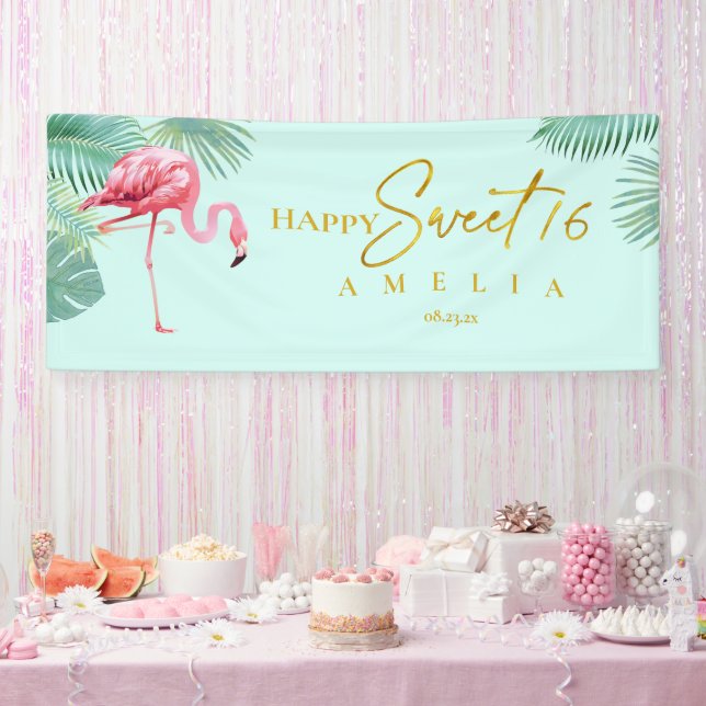 Tropical Flamingo Sweet 16 Happy Birthday ID922 Banner (Party)