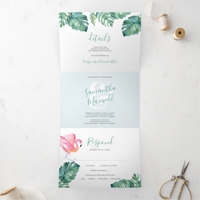 Tropical Flamingo Trifold Wedding Einladung (Innenseite)