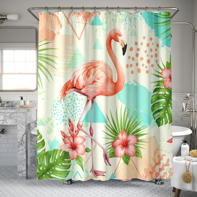 Tropical Flamingo Watercolor & Geometric Pattern Duschvorhang (Von Creator hochgeladen)