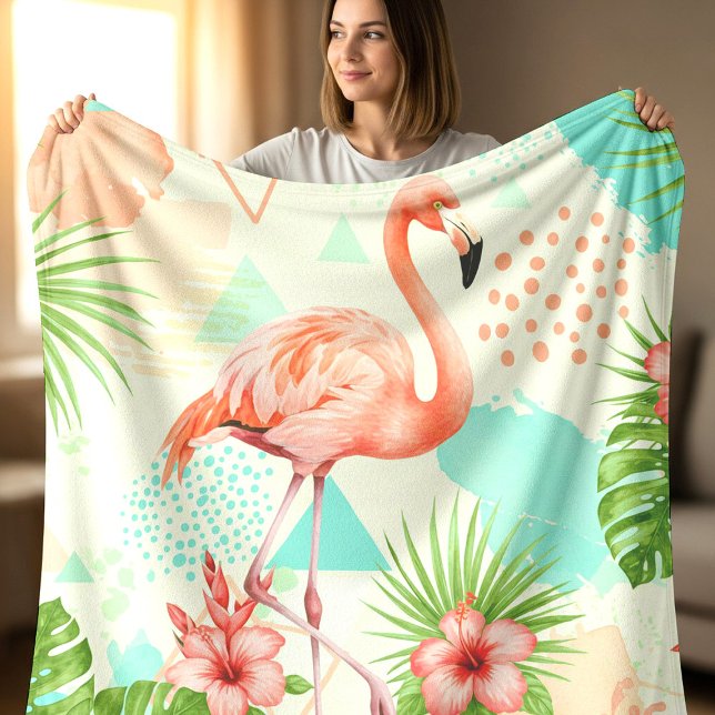 Tropical Flamingo Watercolor & Geometric Pattern Fleecedecke (Von Creator hochgeladen)