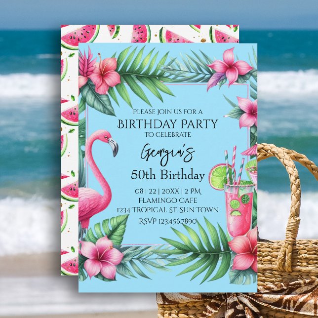 Tropical Flamingo Watermelon Geburtstag Party Einladung (Tropical Flamingo Watermelon Birthday Party Invitation.  Celebrate your birthday with beach vibes.)