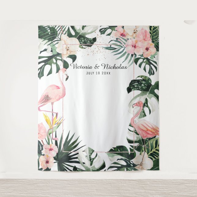 Tropical Flamingos Wedding Foto Stand Hintergrund Wandteppich (Vorderseite)