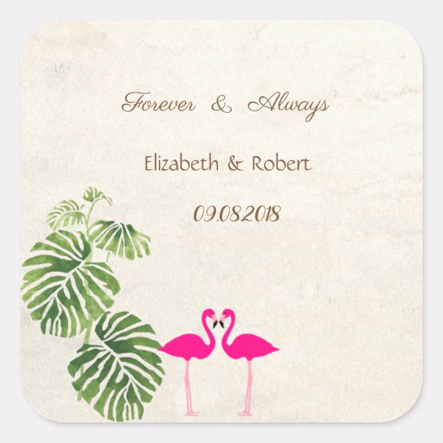 Tropical Flamingos Wedding Quadratischer Aufkleber (Vorderseite)