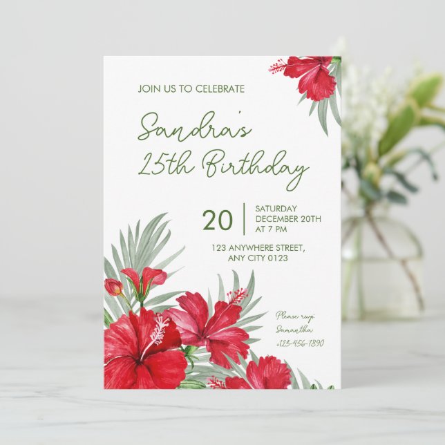 Tropical Floral 25th Birthday Invitation Einladung (Stehend Vorderseite)