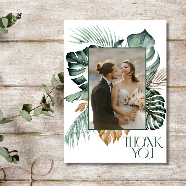 Tropical Floral 2 Foto Beach Wedding Dankeskarte (Tropical Floral 2 Photo Beach Wedding Thank You Card)