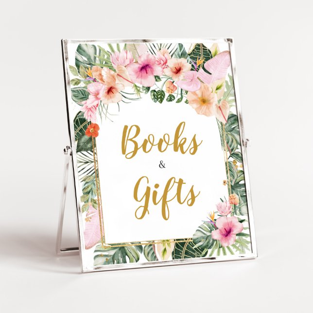 Tropical Floral Aloha Bücher und Geschenke Poster (Girl Hawaiian Baby Shower Books and Gifts Sign)