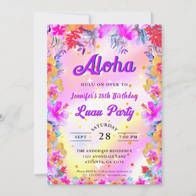 Tropical Floral Aloha Luau Birthday Einladung (Vorderseite)