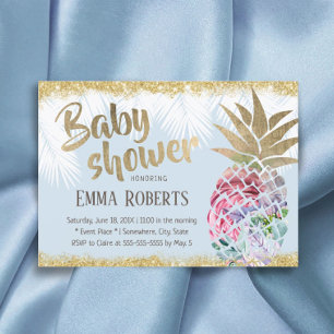 Tropical Floral Ananas Gold Glitzer Baby Shower Einladung