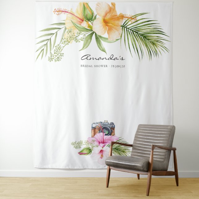 Tropical Floral Beach Brautparty Foto Booth Wandteppich (Beispiel)